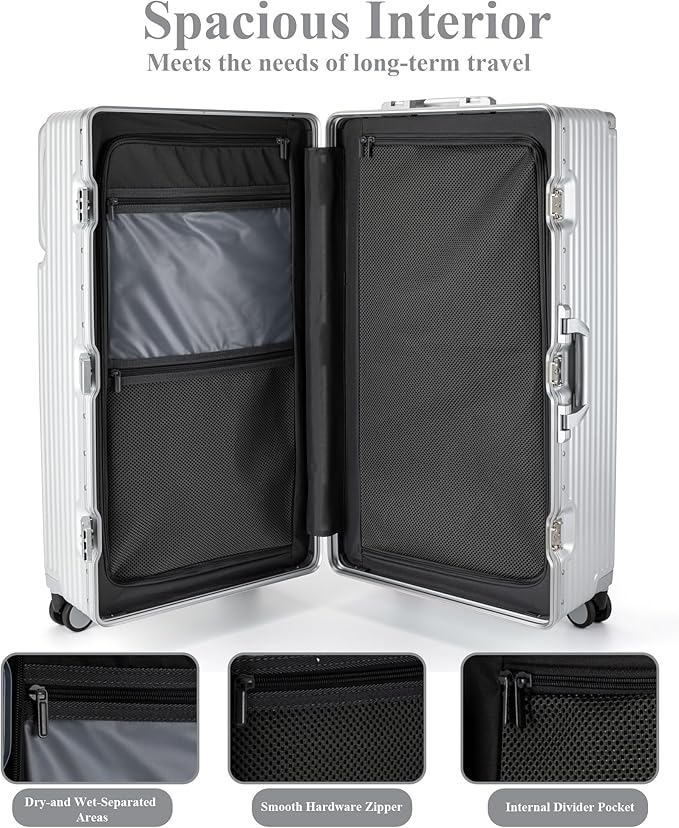 feilario 30in Super Large Captain Aluminum Frame Hardside Spinner Wheels Luggage, Zipperless Checked Suitcase with Front Compartment/Cup Holder/Phone Holder (Silver,30in)