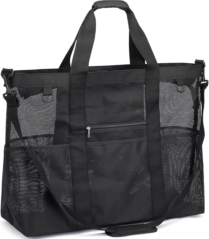 Fammart Mesh Beach Bag, Large Beach Tote with Zipper Pocket, Toys Pool Bag for Family Travel Vacation Cruise Essentials