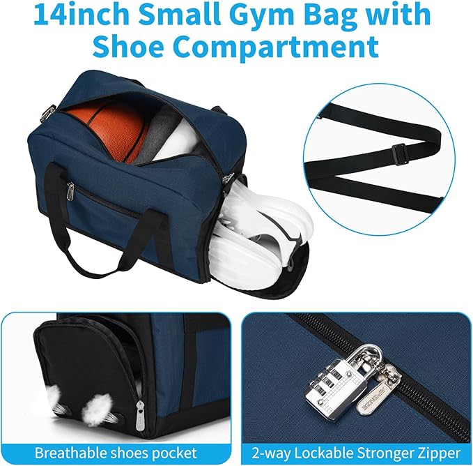Small Gym Bag 14 inch lightweight Carry On Mini Duffel Bag with Shoe Compartment for Travel Sport - Navy Blue