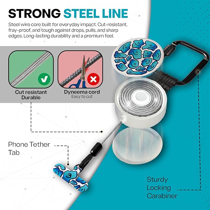 ClutchLoop Anti-Theft Phone Tether - Universal Adhesive Anchor, Retractable Steel Line and Locking Carabiner