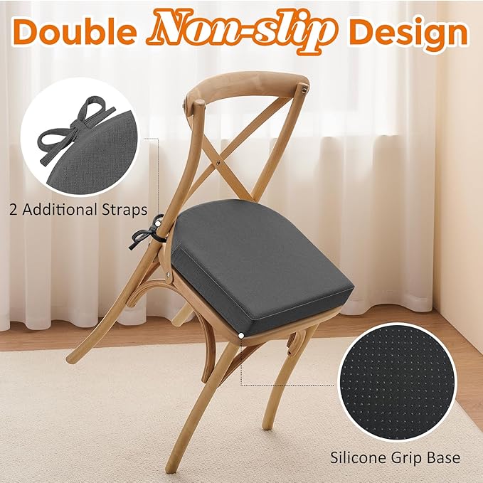 downluxe Chair Cushions for Dining Chairs, Memory Foam Linen Kitchen Chair Pads with Ties, Waterproof, Stain-Resistant and Washable Cover, 17" x 16" x 2.5", Dark Grey, 6 Pack
