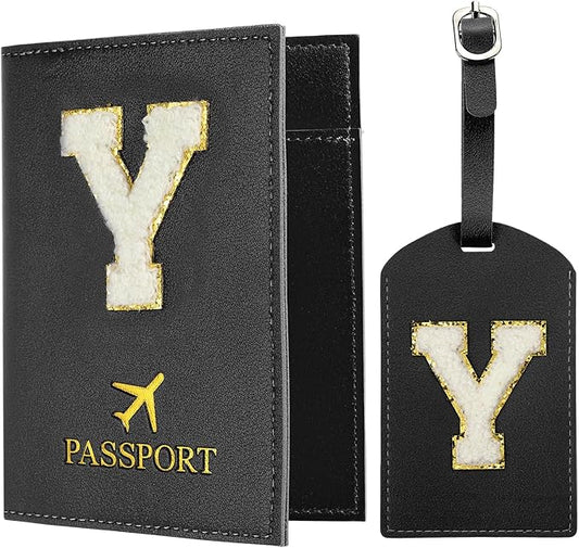 PATIKIL Passport Holder for Travel, Initial Passport Cover and Luggage Tag Set with Alphabet Chenille Letter Patch Travel Wallet Bag Suitcase Identifier for Women Family Travel Black Y
