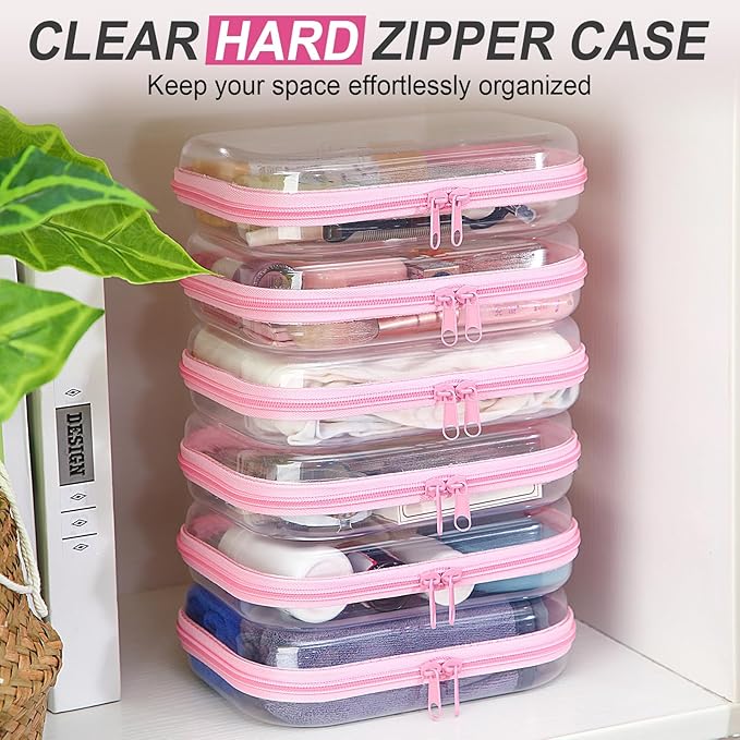 Sanwuta 6 Pcs Clear Hard Zipper Case Plastic Zipper Pouches Transparent Makeup Bag Pencil Case Pouches Toiletry Diaper Bag for Travel Toy Storage Organizer Bins(Pink,7.87 x 5.9 x 2 Inch)