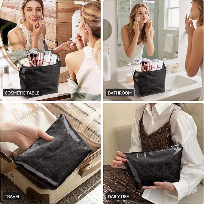 WLLWOO PVC Waterproof Makeup Bag Kraft Paper Cosmetic Bag Travel Toiletry Zipper Pouch Organizer for Women Purse