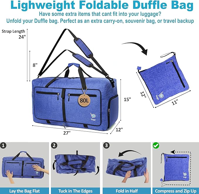 Bago Large Duffle Bag for Travel Women & Men. Durable Lightweight Foldable Travel Duffel Bags For Traveling Women. 80L Duffle Bags For Overnight Bag With Shoe Compartment Collapsible Weekender duffel