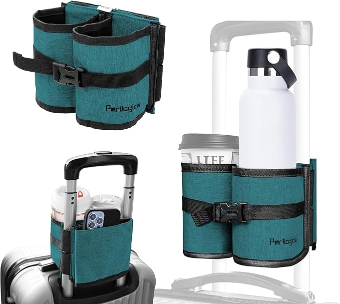 Luggage Travel Cup Holder Attachment. Hands-Free Drink Carrier for Coffee Mugs & Tumblers, Fits Suitcase & Roll-On Handles. Must-Pack Travel Accessory, Gift for Flight Attendants & Travelers