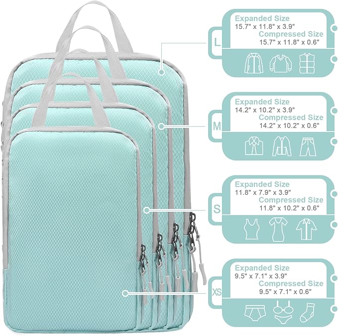 WOOMADA Compression Packing Cubes for Suitcases Travel Essentials 8 Set Expandable Travel Bags Organizer for Luggage(turquoise)