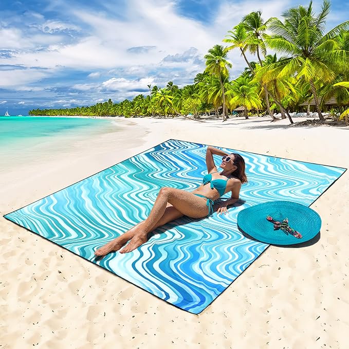 Beach Blanket Waterproof Sandproof Beach Mat for 1-8 Adults Quick Drying Durable Outdoor Picnic Mat for Beach Festival Travel Camping Hiking (Wave-Gradiant BL&GN, 79"×83"(4 Person))