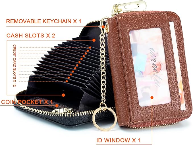 imeetu RFID Credit Card Holder, Small Leather Zipper Card Case Wallet for Women