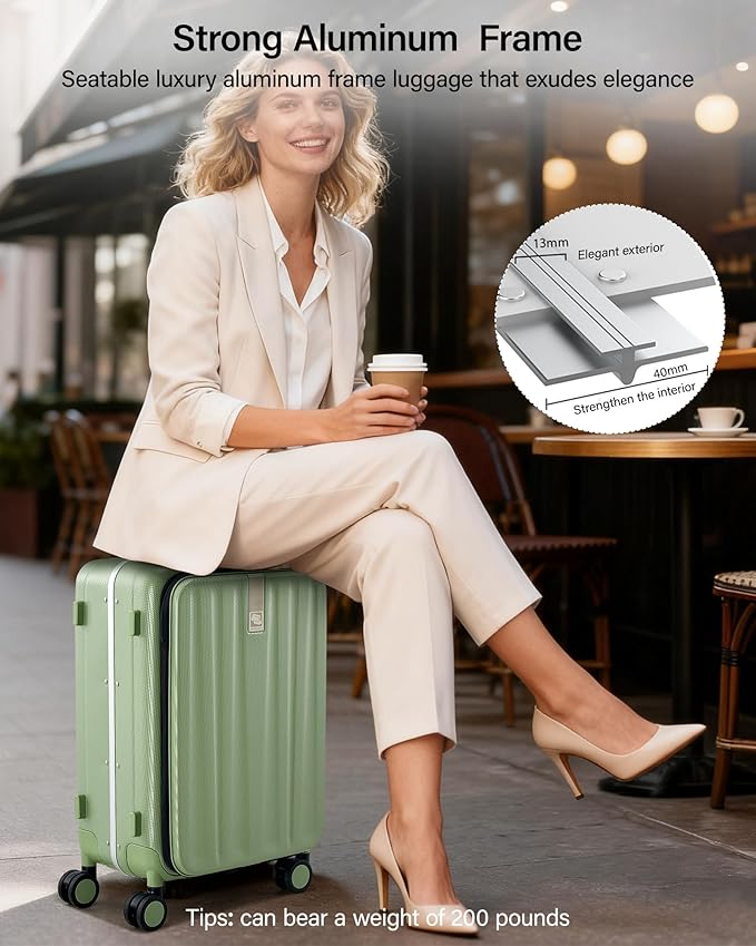 Hanke 20 Inch Carry-On Luggage with Wheels PC Hard Shell Suitcases Top Opening Aluminum Frame Travel Luggage Suitcases for Woman Men.(Bamboo Green)