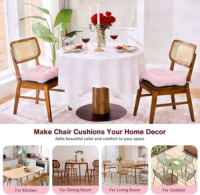 BETU Pink Chair Cushions for Dining Chairs Set of 2,3.5" Thick Kitchen Table Chair Pads with Ties,Non Slip Backing and Covers, Seat Cushion for Dining Room,Bar,Patio Chairs,16"X16"X3.5",Pink