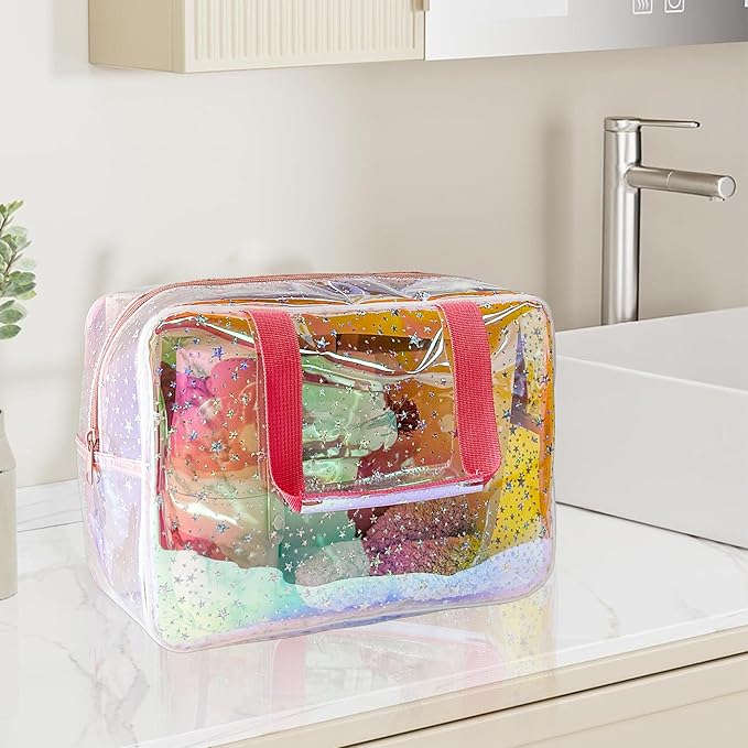 TPU Holographic Pink Clear Star Large Cosmetic Bag and Travel Pouch with Handle,Durable TPU Material,Zipper Design-Ideal for Makeup,Travel Essentials (Holographic pink)