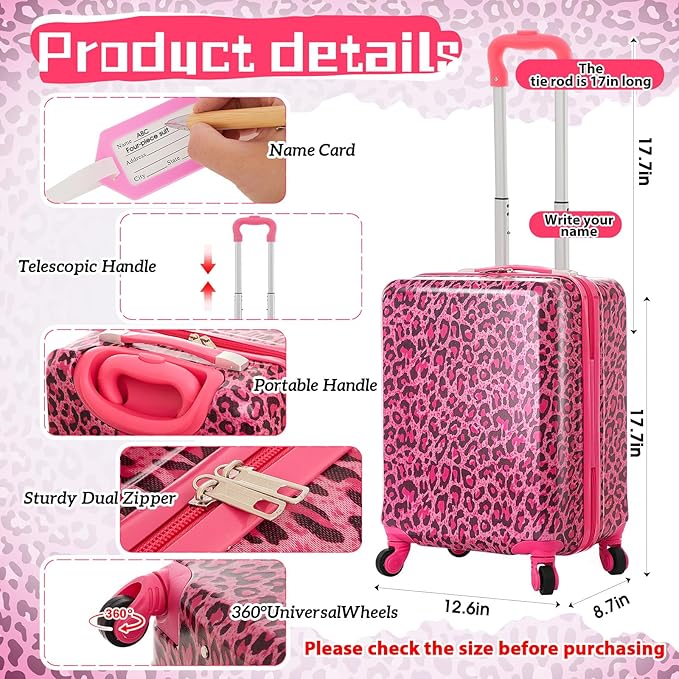 Redbaker 17 Inch 6 Pcs Kids Luggage Set Kids Rolling Luggage Double Pattern Suitcase for Boys Girls (Hot Pink, Leopard Print Style)