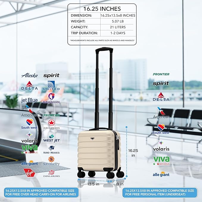 Flight Knight Carry On Suitcase 16.25x13.5x8 Hardside TSA Lock USB Port Lightweight Luggage Silent Double Spinner Wheels Maximum Underseat Carry-On Bag For Virgin South West Approved Cream/Black