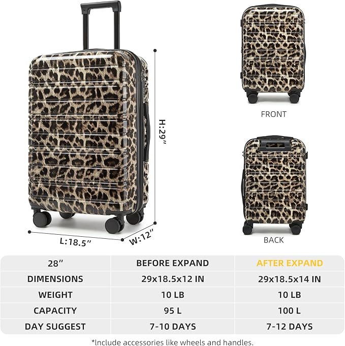 LARVENDER 28 Inch Checked Luggage with Spinner Wheels, PC+ABS Expandable Large Suitcases with Wheels, Travel Luggage sets for Women and Men, Cheetah