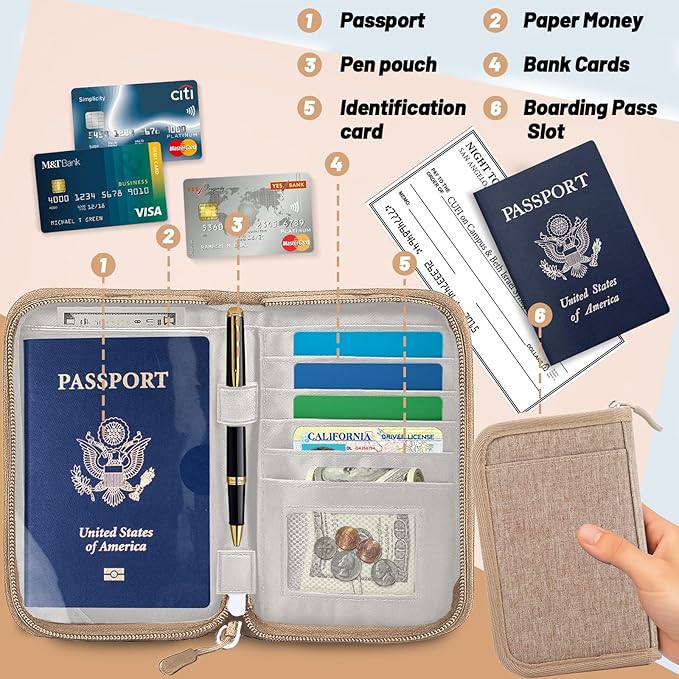 Passport Holder for Travel Essentials, RFID Blocking Protector Passport Wallets, Passport Document Organizer Case for Travel Must Have, Passport Book for Women, Couple, Family Cards, Tickets, ID, Cash