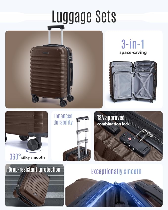 LIGHT FLIGHT Luggage Sets, 3 Piece Durable Suitcase Set with Spinner Wheels, 3 Pcs Hard Shell Lightweight Luggage with TSA Lock, Large Checked Travel Suitcases, 20/24/28 Inch,Brown