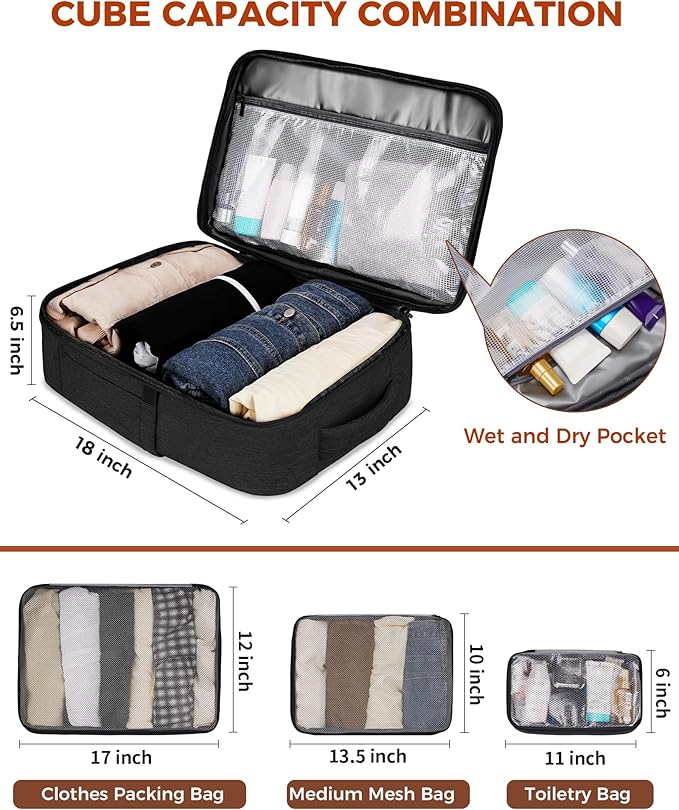 Vancropak 40L Travel Backpack Flight Approved Carry On for Men Women, Expandable Weekender Bag with 3 Packing Cubes, Water Resistant Anti-Theft Daypack fits 17.3" Laptop, Large Lightweight Luggage