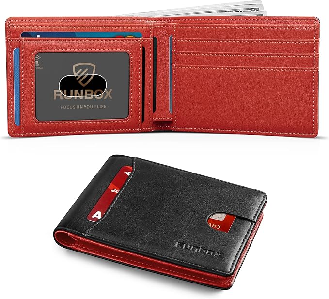 RUNBOX Wallet for Men Slim 11 Credit Card Holder Slots Leather RFID Blocking Small Thin Men's Wallet Bifold Minimalist Front Pocket Large Capacity Gift Box