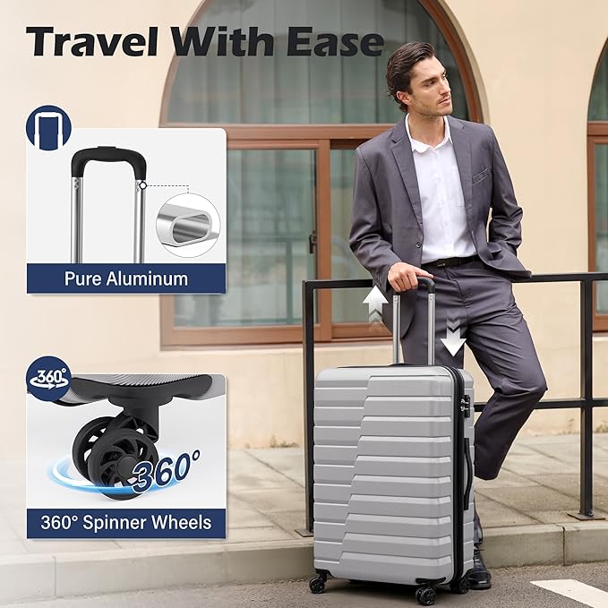 Coolife Expandable Large Checked Luggage with Spinner Wheels, Hard Shell Suitcase TSA Lock Rolling Travel Luggage 28-inch,Silver