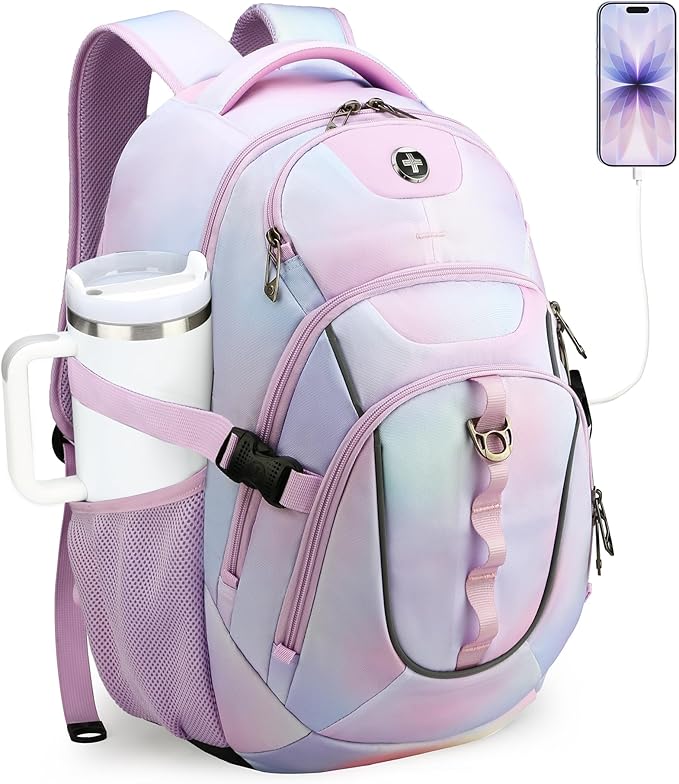 Swissdigital Laptop Backpack with USB Charging Port, Travel Backpack Fits 15.6 inches Computer, 31L Backpack for Women, Pink Purple | SD803-104