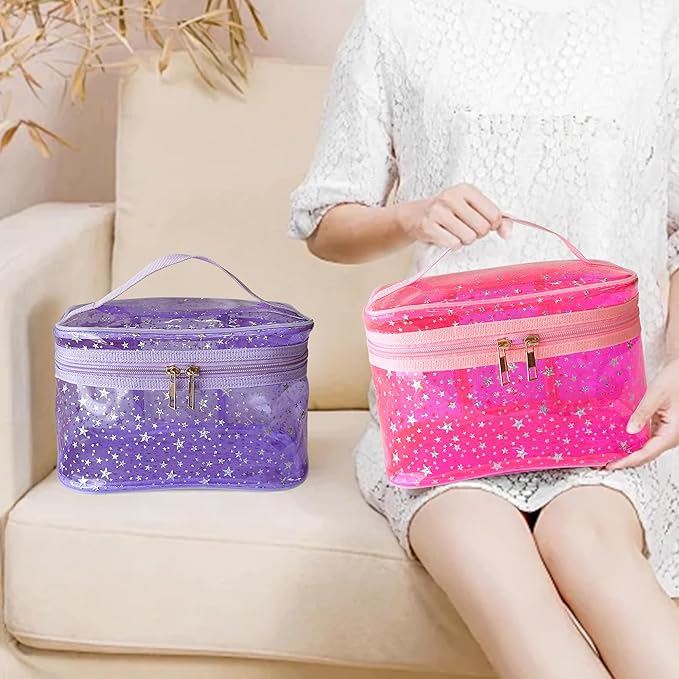 Star Print Yellow PVC Makeup Bag with Handle - 8.66 * 5.51 * 5.51 inch,Clear Storage Bag Toiletry Pocket Portable Zippered Pouch Waterproof Cosmetic Organizer Bags for Women (Yellow-L)