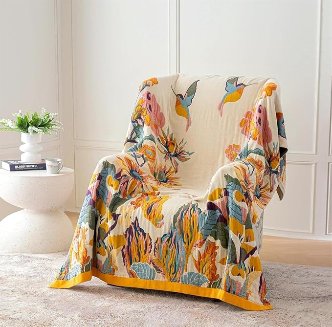 MSGKV Boho Throw Blanket for Couch and Sofa 50"x60" Cotton Throw Cover for Living Room with Floral and Butterfly, Spring Breathable&Lightweight Blanket