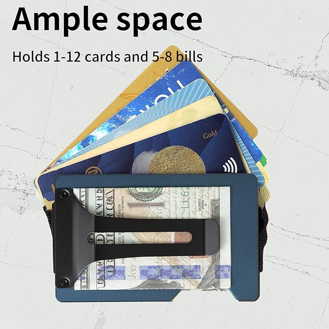 Minimalist Carbon Fiber Wallet for Men, Money Clip Cash Strap Wallet, RFID Blocking Metal Wallet Aluminum Card Holder,Front Pocket Wallet(Matte Navy)