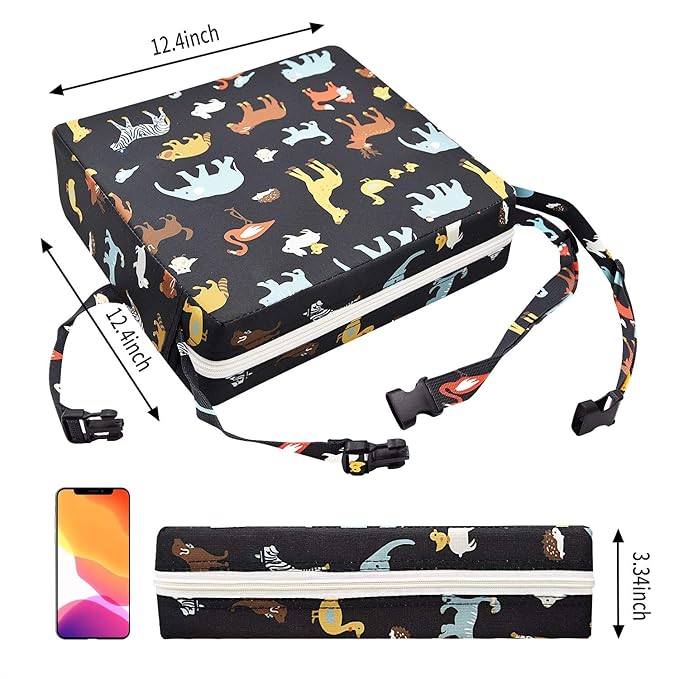 Toddler Booster Seat Dining, Cartoon Canvas Washable 2 Straps Safety Buckle Kids Booster Seat for Dining Table, Portable Travel Increasing Cushion (Elephant-Black)