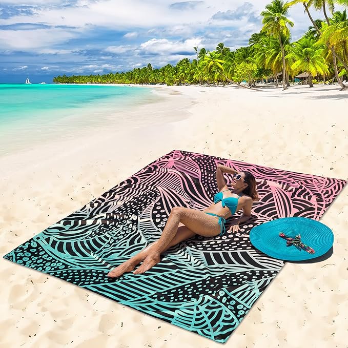 HIHOHO Beach Blanket Waterproof Sandproof Beach Mat for 1-8 Adults Quick Drying Durable Outdoor Picnic Mat for Beach Festival Travel Camping Hiking (Gradiant BK-Ripple, 79"×83"(4 Person))