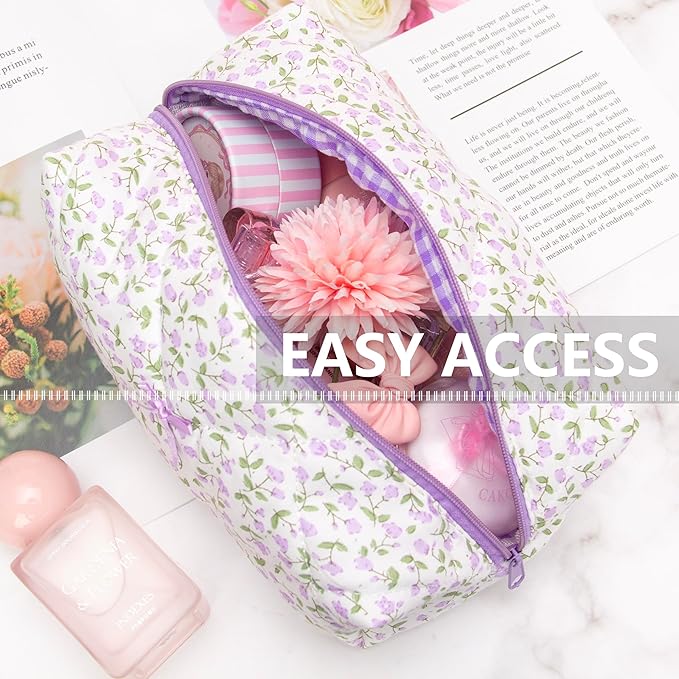 PAZIMIIK Cozy Makeup Bag Travel Cosmetic Bag for Women Soft Toiletry Bag Aesthetic Makeup Organizer Portable Large Zipper Pouch for Skincare Beauty Accessories Brushes Floral Purple