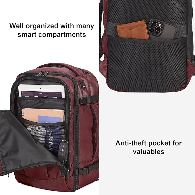 ECOHUB Travel Backpack 18x14x8 Spirit Airlines Personal Item Bag Carry On Backpack 13 Pockets Large Work Casual Daypack for men Airline Approved Waterproof Gym Backpack with Charging Port, Red