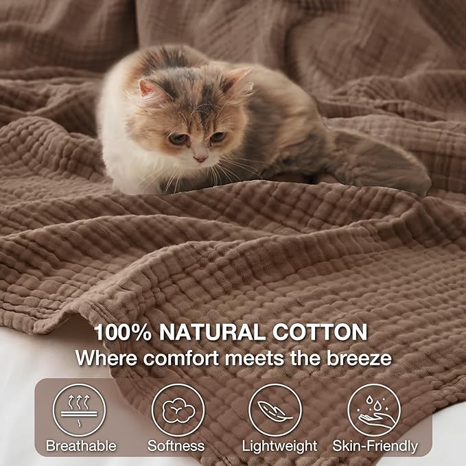 100% Cotton Muslin Blanket Twin 60" x 80", Breathable and Lightweight Cotton Twin Blankets for Couch, Soft Cooling Summer Gauze Blanket for Adults All Season, Tan