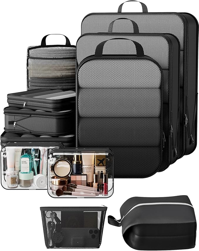 Veken 11 Set Compression Packing Cubes for Travel Essentials,Compressible Expandable Large Luggage Suitcase Organizer Bags for Clothing,Durable Space Saver Storage Bags with Toiletry Bags(Black)