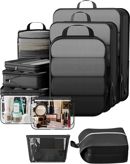 Veken 11 Set Compression Packing Cubes for Travel Essentials,Compressible Expandable Large Luggage Suitcase Organizer Bags for Clothing,Durable Space Saver Storage Bags with Toiletry Bags(Black)