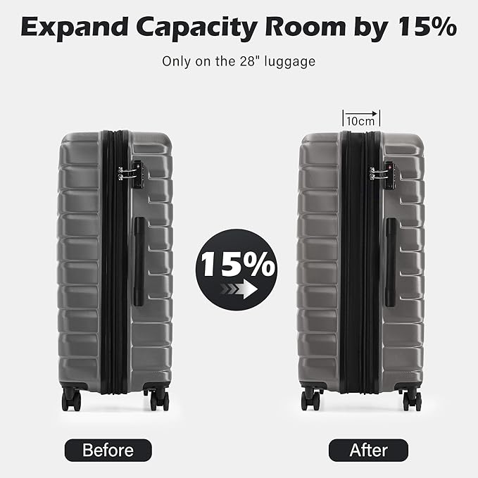 Coolife Luggage Sets, 3 Piece Hard Shell Suitcase Set with Spinner Wheels, Expandable Large Checked Luggage, Lightweight Rolling Carry On with TSA Lock Gray