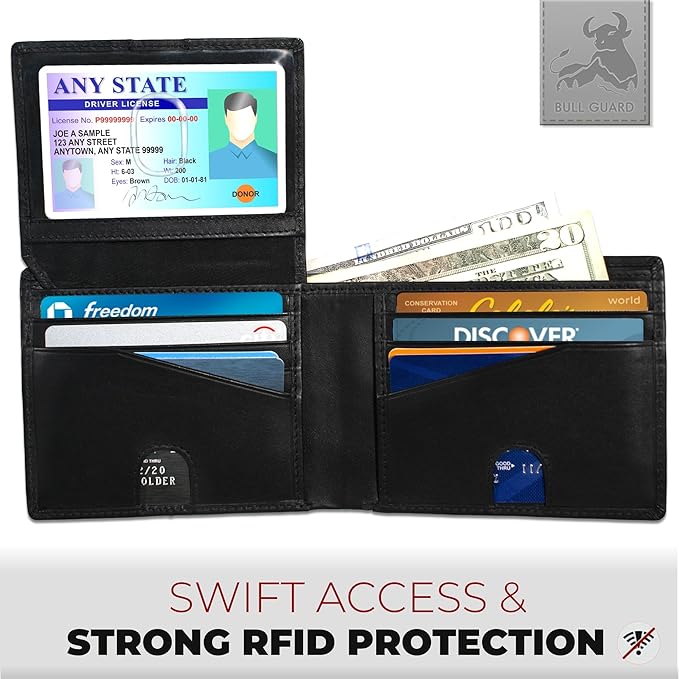 BULL GUARD Vintage Black Leather Wallet for Men RFID Blocking Bifold With ID Secure and Durable Extra Capacity Billfold with 11 Credit Cards