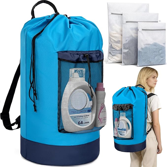 150L Laundry Bag Backpack with 3 Sizes Mesh Wash Bags and Shoulder Straps Foldable Clothes Hamper Bag with Drawstring Closure for College, Apartment, Laundromat (Sky Blue)