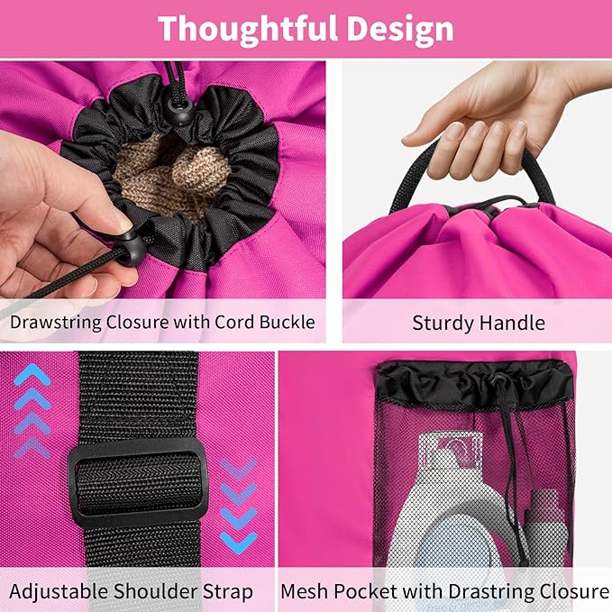 150L Laundry Bag Backpack with 3 Sizes Mesh Wash Bags and Shoulder Straps Foldable Clothes Hamper Bag with Drawstring Closure for College, Apartment, Laundromat (Hot Pink)