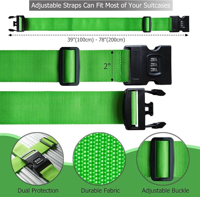 2 PCS Luggage Strap 78" x 2" Suitcase Belts Wide Adjustable Packing Straps Travel Accessories, Green&Combination Lock