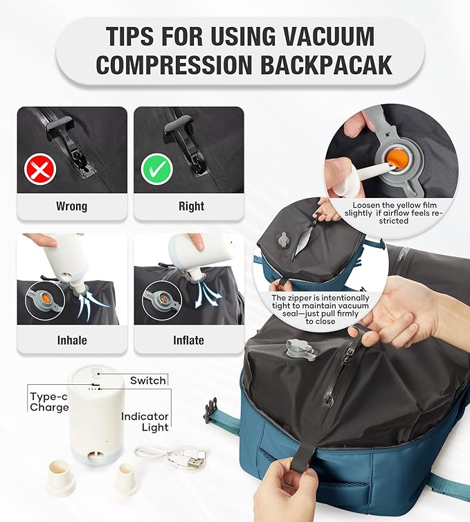 VECAVE Vacuum Travel Backpack with Pump for Women, Personal Item Carry on Backpacks Flight Approved for Men,Laptop Waterproof Work Compression bags Casual Daypack(Blue)
