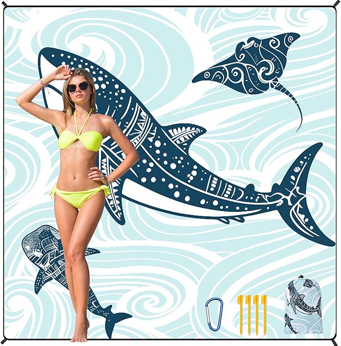 Beach Blanket Waterproof Sandproof Beach Mat 79”x 83” for 1-8 Adults Quick Drying Durable Outdoor Picnic Mat for Beach Festival Travel Camping Hiking (Shark, 79"×83"(4 Person))