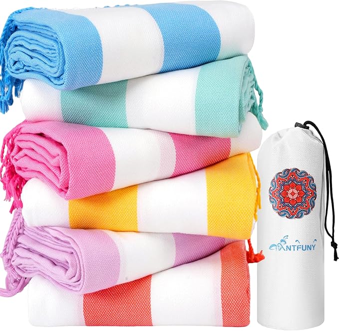 Antfuny 6 Packs Oversized Turkish Beach Towels Thin Quick Dry Sand Free Pool Swim Bath Towel Extra Large Blanket Adult Travel Essentials Accessories Must Haves Summer Vacation Dark Striped
