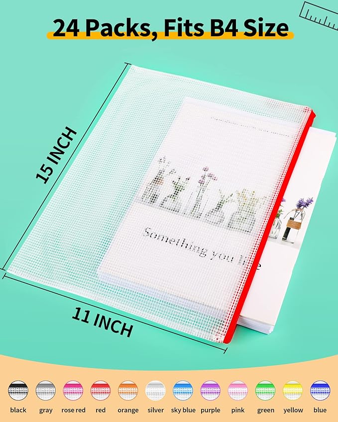 Smarpau B4 Mesh Zipper Pouch, 24 Pack 12 Colors 15" x 11" Zipper Pouches for Organizing, Multipurpose Waterproof Zipper Bags for Office Supplies