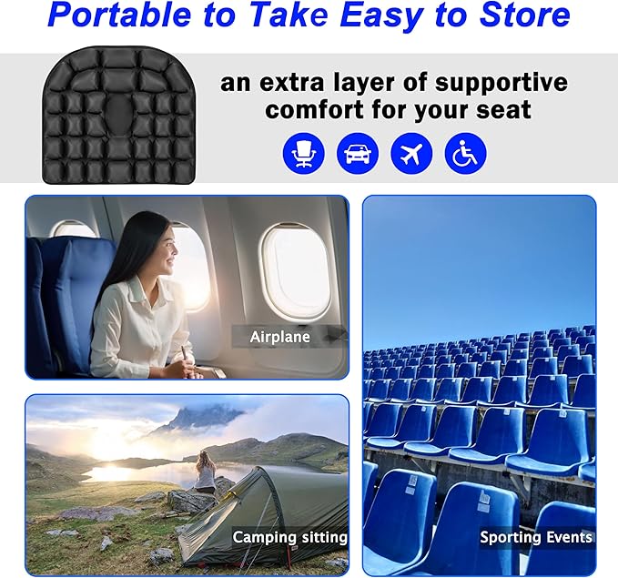 Upgrade Travel Seat Cushion for Airplane,Portable&Adjustable Air Seat Cushion,Coccyx Tailbone Pain Relief Chair Pad,Inflatable Cushion for Wheelchair, Travel,Driving,Office Work