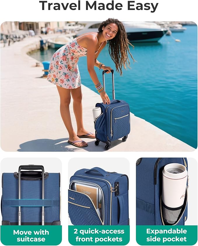 BAGSMART Underseat Carry On luggage Airline Approved, 16-inch Small Softside Underseater Travel Suitcase with Spinner Wheels Overnight Bag Small Rolling Carry-on for Women Men Weekender, Navy Blue