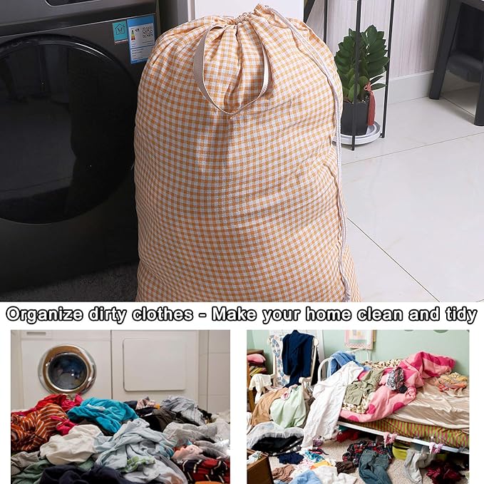 Extra Large Laundry Bag with Drawstring and Handle, Heavy Duty Travel Dirty Clothes Bag for Laundromat and Household, Durable Rip-Stop Laundry Hamper Liner, 28 x 40 Inch, Check Orange