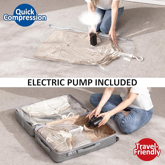 Hanging Vacuum Storage Bags, 4 Pack Hanging Storage Bags for Clothes With Electric Pump, Vacuum Sealed for Suits, Dress, Jackets (4 Long)