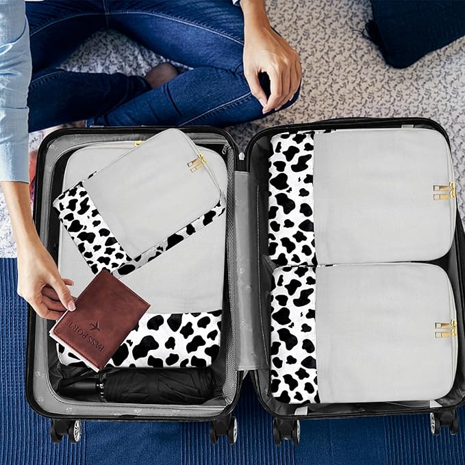 4 Set Packing Cubes Travel Luggage Organizers Compression cubes for Suitcase Travel Accessories for Women Girls Aesthetic Cute-Black White Cow Pattern