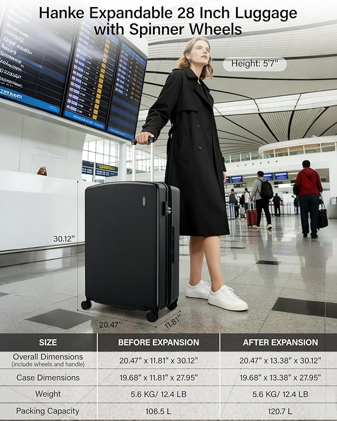 Hanke Expandable 28 Inch Luggage with Spinner Wheels, Hard Shell Large Suitcases with Wheels Checked Luggage for Travel, Rolling Suitcase for Woman & Men with TSA Lock(Jet Black)
